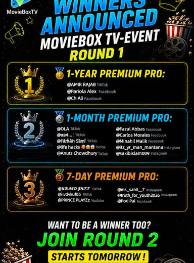 🎉 The MovieBoxTV event winners list is out! Thank you all for sharing your experience with MovieBoxTV. Congratulations to the lucky winners whose names appear in the picture! 💥 Our official channels on four