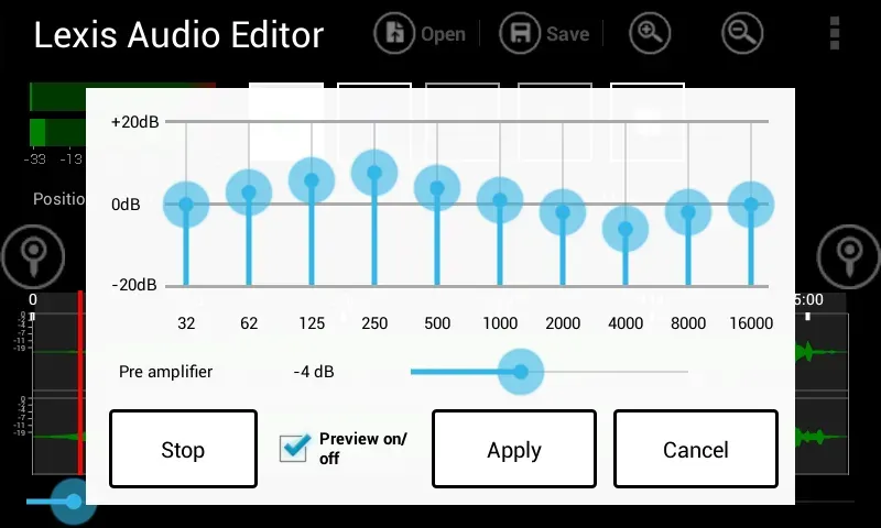 Lexis Audio Editor equalizer adjustment screen