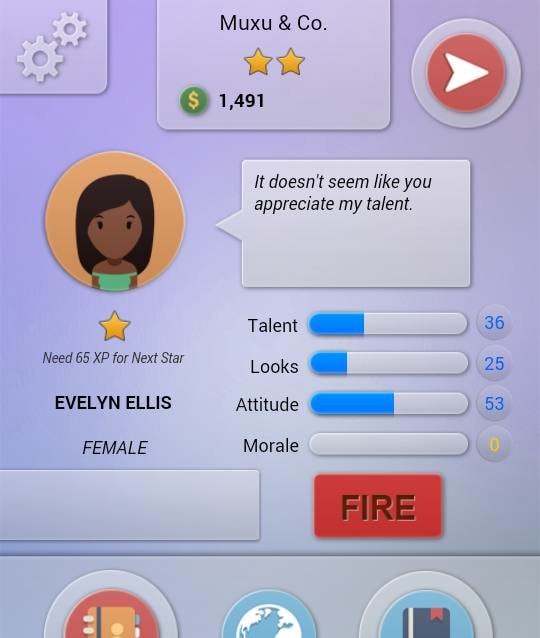 Actor Tycoon career progression screen
