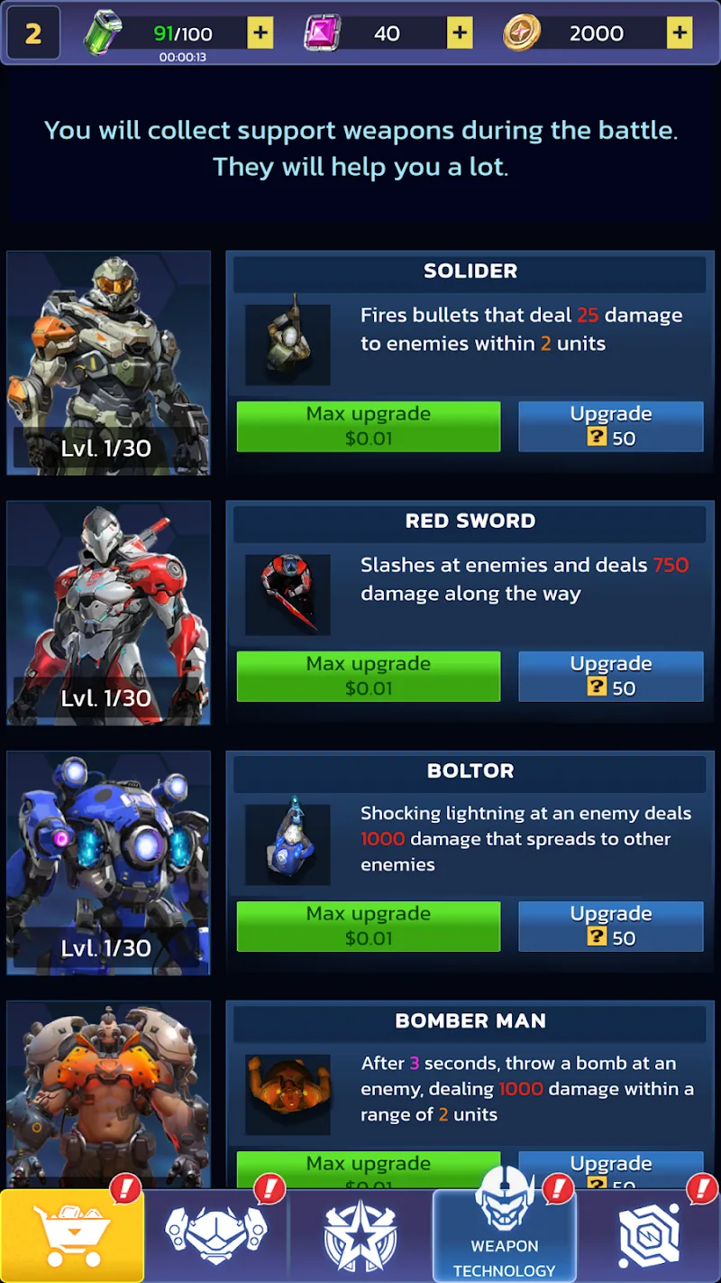 Mecha Survival Premium upgrade menu 4